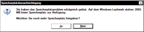 "Speicherplatzbenachtichtigung: Sie haben das Speicherplatzproblem erfolgreich geloest."